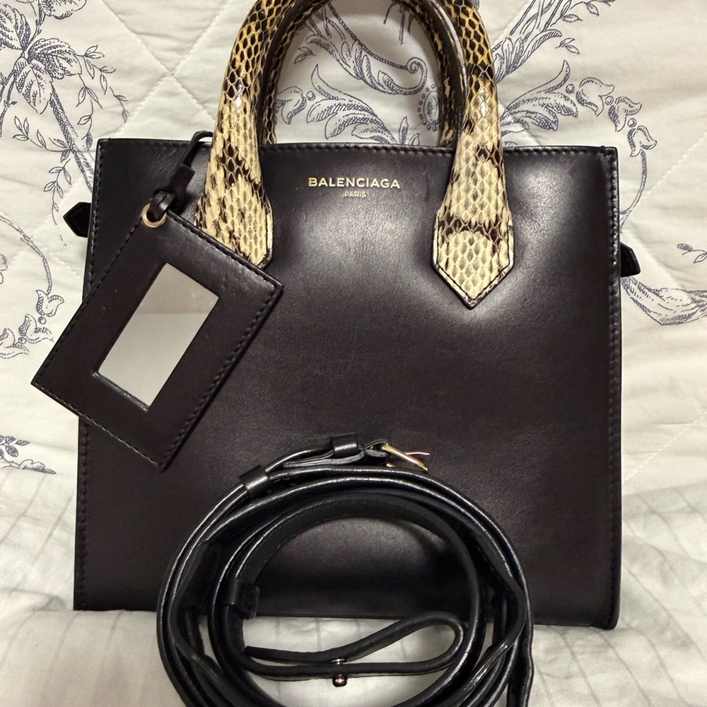 Balenciaga Black Leather Satchel with Snakeskin-Print Handles - Picture 2 of 15